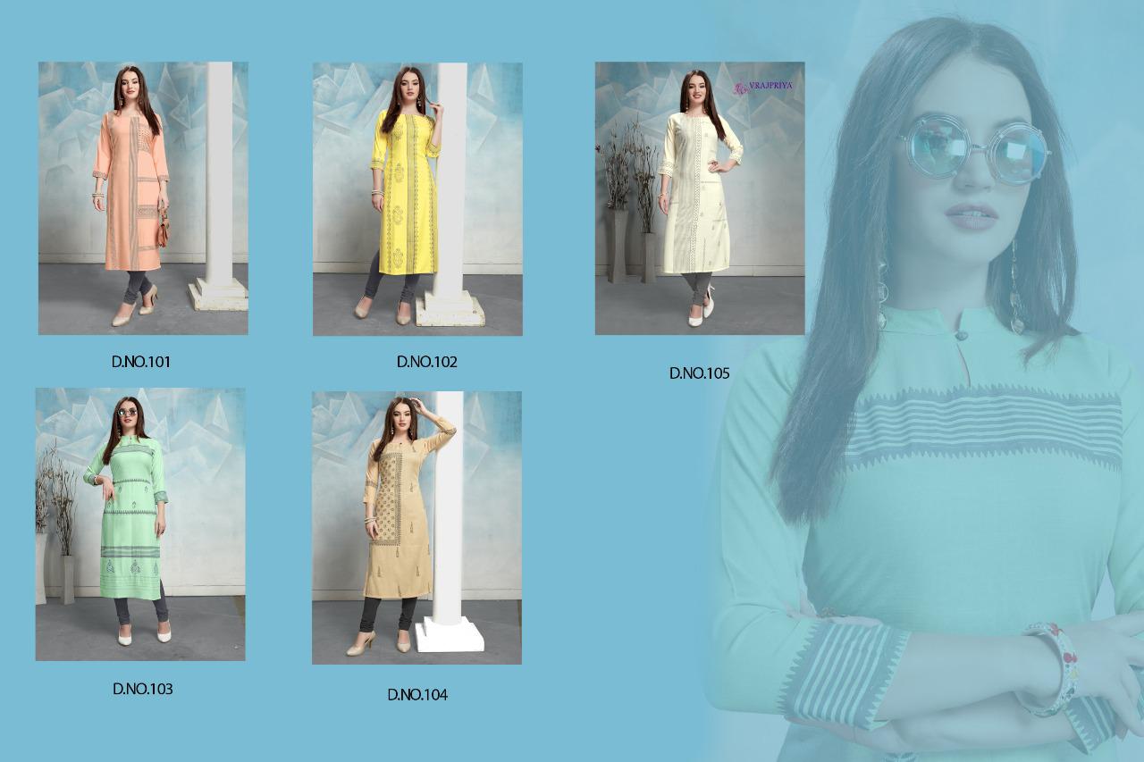 Vrajpriya Radhika 1 latest Designer Fancy Ethnic Wear Rayon Printed Designer Kurtis Collection
